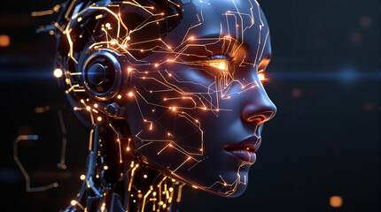 Futuristic cyborg face with glowing network design for technology and AI concepts