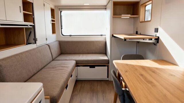 Medium shot capturing a highdensity microliving unit with modular storage and convertible elements maximizing limited square footage.