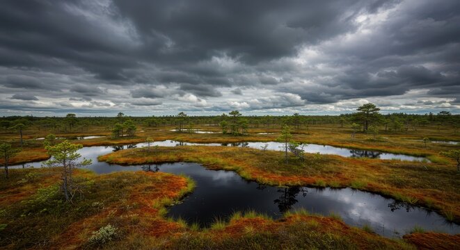Expansive, remote bog landscape under a dramatic sky, featuring reflective pools of dark water, sphagnum moss carpets, and sparse marsh vegetation, wetland, mire, clouds