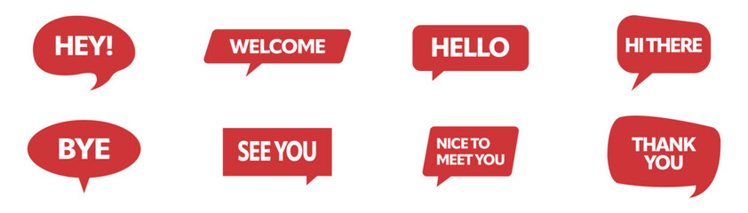 Red speech bubble icons with bold white text phrases. Vector set with messages like hello, welcome, thank you, and bye for communication and social media design