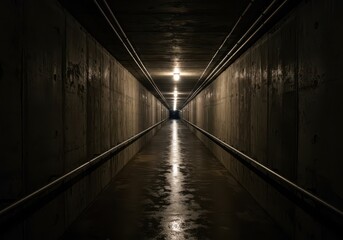 Long, damp concrete passageway extending deep below the surface, illuminated by a single, distant light source, suggesting mystery and travel ,system ,industrial ,darkness