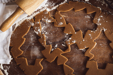 gingerbread cookie dough with evergreen cut outs