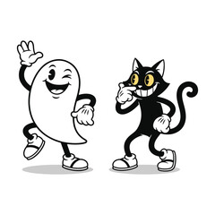 A retro rubber hose style cartoon ghost and a black cat dancing together in a vintage animation vector illustration.