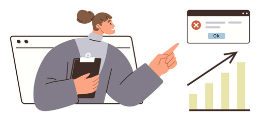 Woman holding clipboard, pointing to error pop-up and analyzing upward growth chart. Ideal for business, strategy, analytics, troubleshooting, productivity, technology decision-making. A simple flat