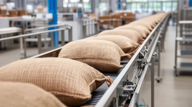 Heavy burlap sacks move along an automated conveyor belt in a processing facility, showing efficient material handling.