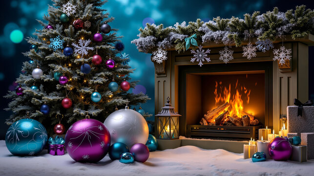 A decorated Christmas tree in front of a fireplace with presents and ornaments