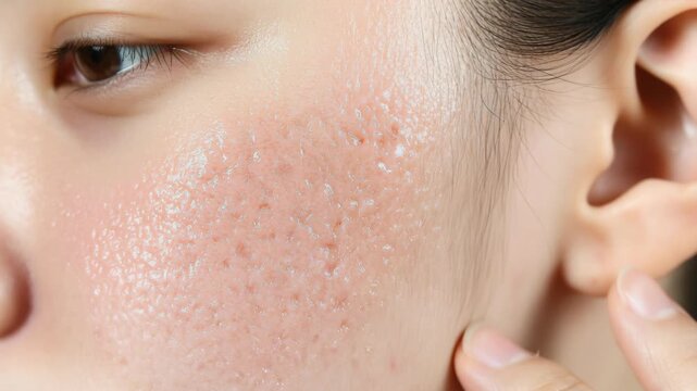 Close-up of a person's cheek revealing prominent skin texture, enlarged pores, and signs of acne scars, emphasizing skin health concerns.