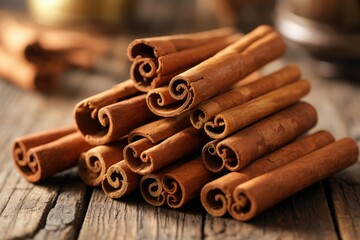 A rustic pile of natural cinnamon sticks on an aged wooden surface close-up view