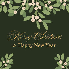 Świąteczna kartka z jemiołą i złotym napisem Merry Christmas. © Monika