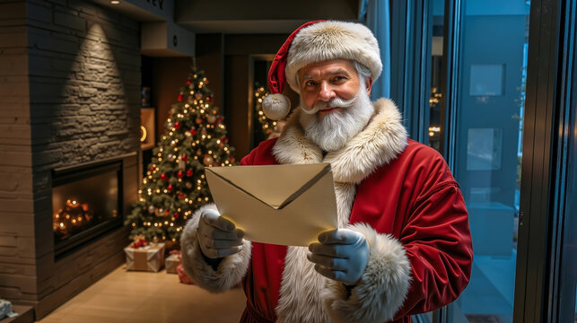 A man dressed as Santa Claus holding an envelope in front of a fireplace