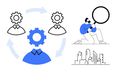 Gears symbolize collaboration with arrows showing workflow. Man with a magnifying glass signifies problem-solving next to a cityscape. Ideal for business, planning, teamwork, analysis, innovation