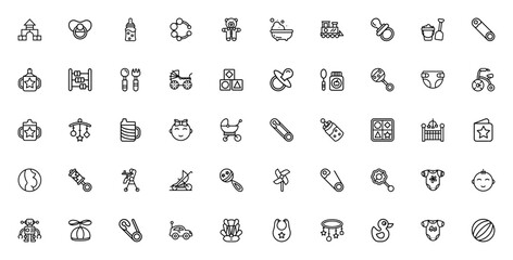 Baby Set_7080 icon collection. Vector illustration faturing baby essentials lie stroller, pacifier, ratte, diaper, bib, crib, toys safety pin, bodysuit and ore. Editable stroke.