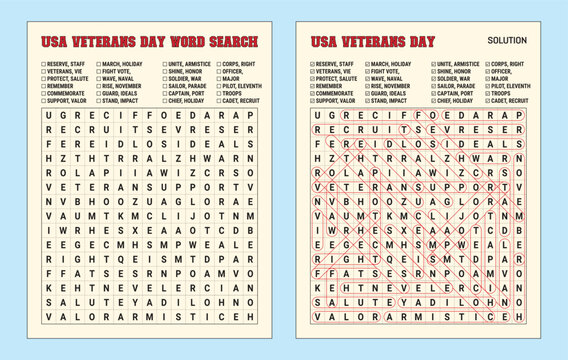 USA Veterans Day Vector Word Search Puzzle for School Kids, a Printable letter-size puzzle with solutions, Educational Holiday Activity