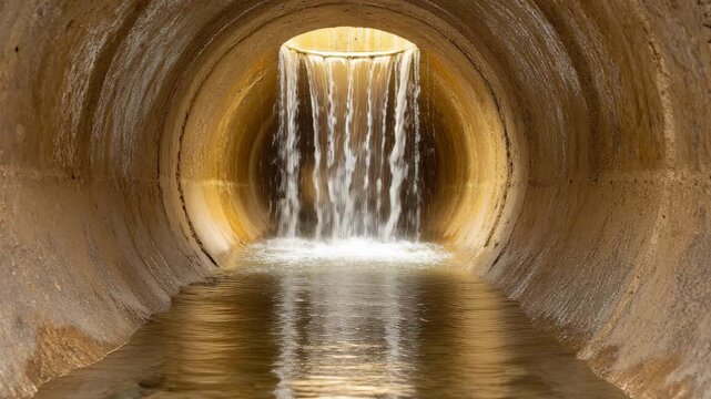 Inside a concrete culvert, water gracefully cascades from an opening, forming a beautiful waterfall and tranquil stream.