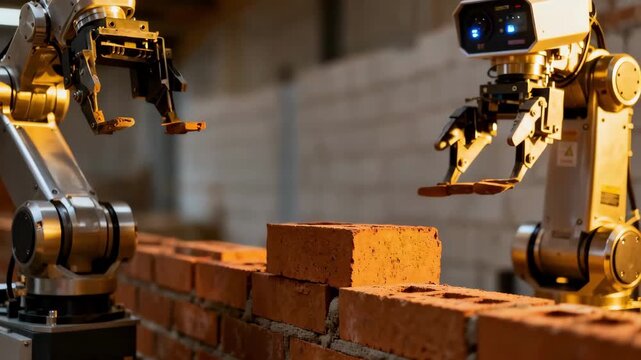 Medium shot capturing a sensorguided brick laying robot adjusting placement dynamically to ensure flawless wall alignment and structural integrity.