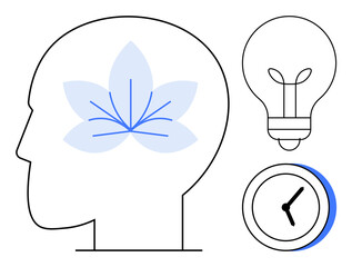 Profile head outline with flower suggesting mindfulness, light bulb for innovation, and clock for time awareness. Ideal for mindfulness, creativity, innovation, time, productivity, ideas simple flat