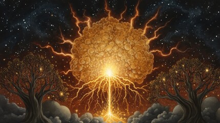 Spectacular Golden Lightning Strikes Downward Through the Sky with Trees Silhouetted Against a Starry Night