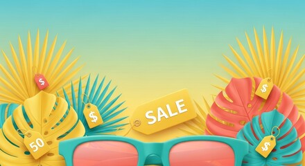 Summer Sale Sunglasses Tropical Leaves Beach Background.