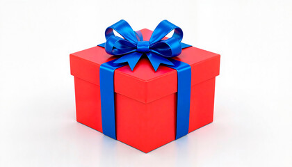 Obraz premium A red Christmas gift box adorned with a blue ribbon against a white background