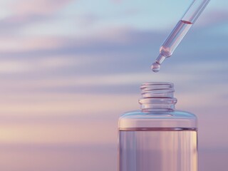 Close-up of a dropper dispensing serum into a cosmetic bottle with pastel sky background