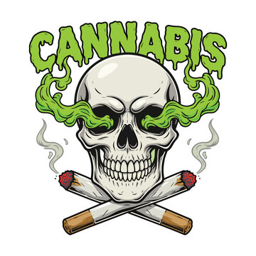 A menacing skull with green smoke pouring from its eye sockets has two crossed cannabis joints below it vector illustration.