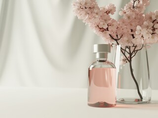 Delicate pink perfume bottle beside cherry blossoms in clear glass vase serene mood