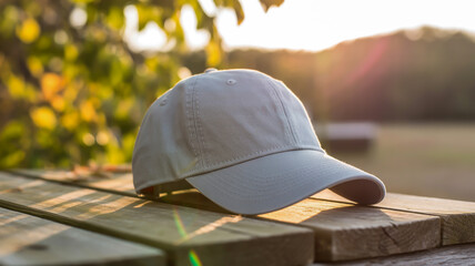 Light gray baseball cap resting on weathered wooden planks with blurred green foliage and golden sunset light