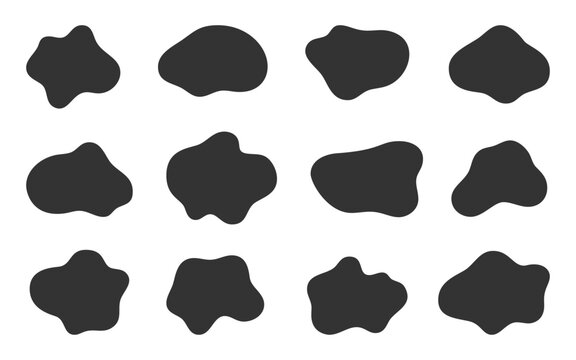 Blobs set flat silhouette style. Smear sign abstract forms. Black splash shapes. Daub creative, smudge blot dynamic frames. Spot dab figure, swipe contour brush. Stroke wipe structures, scrub rub