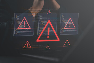Programmer and virtual icons, exclamation mark, alarm, computer virus detected, danger warning concept or information error that should be urgently fixed and repaired, Notification of security issues