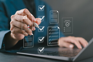 Accountant showing office document auditing concept, plan review process and assess correctness, Management of important document storage of organization, document system, accountant Audit documents