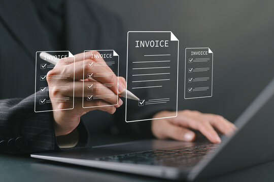 Invoice for payment, digital invoice document, e-invoice and Digital billing concept, Woman using laptop to manage electronic statements. E-tax, Online invoice processing and tax accounting solutions