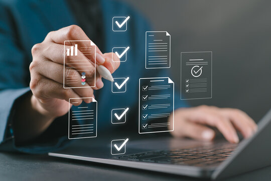 Accountant showing office document auditing concept, plan review process and assess correctness, Management of important document storage of organization, document system, accountant Audit documents