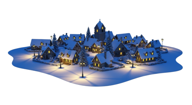 Isolated winter village nightscape glowing with cozy warm lights and covered in snow, detailed festive atmosphere on white and transparent background, PNG