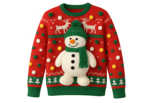 Ugly christmas sweater with festive snowman, reindeer, and colorful pom-poms for winter holidays