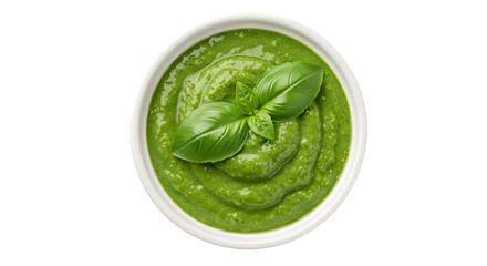 Obraz premium Fresh Basil Pesto in a White Bowl, Garnished with Leaves