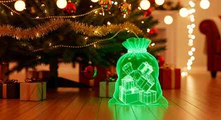 There are many gifts, but Santa has even more surprises: Christmas gift bag filled with colorful presents under the tree  