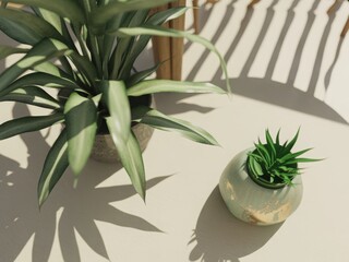 Serene indoor plants cast shadows on a textured surface with natural light