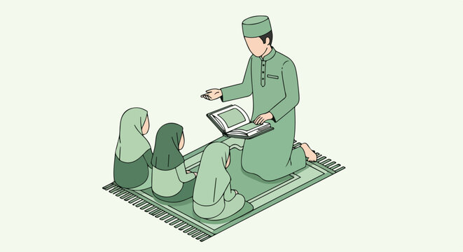 Muslim teacher instructing three young girls in a religious class, reading from a holy book on a prayer mat.