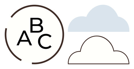 Three letters A, B, and C inside a circular outline and two cloud outlines, one filled in light blue. Ideal for education, communication, simplicity, creativity, cloud storage design branding