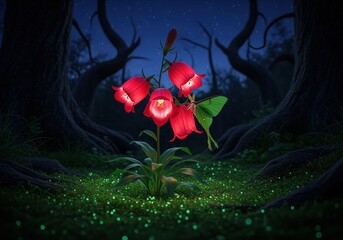 Magical forest scene with glowing crimson bellflowers and a vibrant luna moth