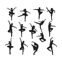 A collection of elegant black silhouettes of ballerinas in various graceful and dynamic dance poses vector illustration.