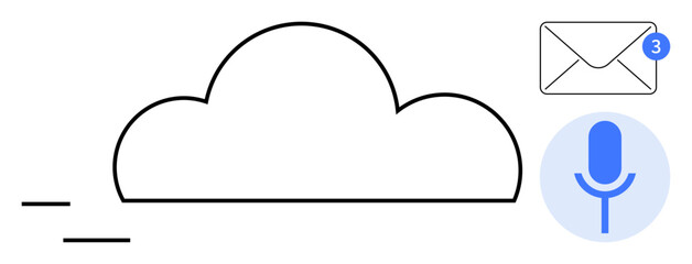 Cloud with movement lines, microphone icon, and email notification badge. Ideal for technology, communication, cloud computing, voice assistant, connectivity, messaging digital tools simple flat