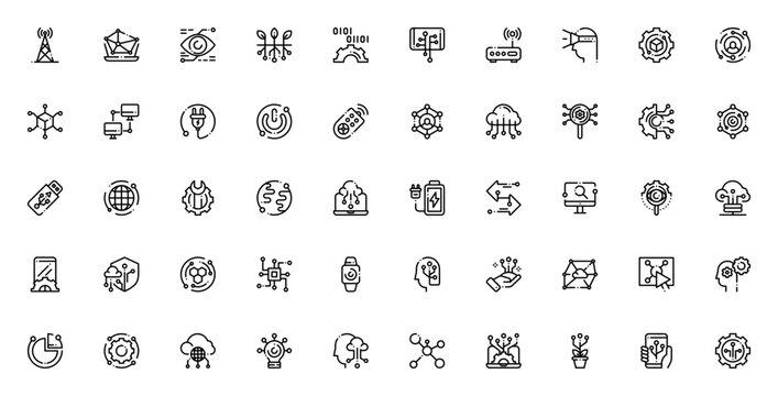 Technology icon set. Minimal vector icons pack. Incldes symbols for smartphone cloud computing, network,settings, analytics, develpment, AI, and more. Editale stroke. - Powered by Adobe