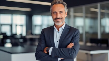 Fototapeta premium Confident businessman smiling in modern office