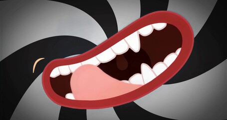 Floating red-lipped mouth revealing white fanged teeth and pink tongue against spiral background