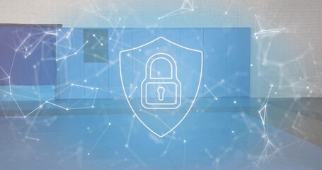 Projecting white shield with padlock hovering over conference stage, network nodes, blue panel wall