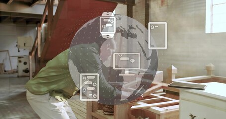 Working carpenter using chisel shaping furniture frame in carpentry shop, with AI icons