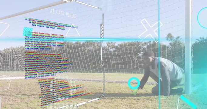 Kneeling athlete wearing sportswear at soccer goal net showing AI DATA MINING overlays, copy space