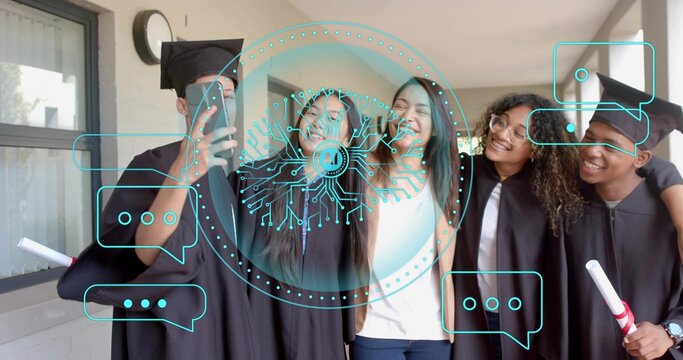 Graduates wearing caps taking selfie on phone in walkway, displaying diplomas and circuit overlay