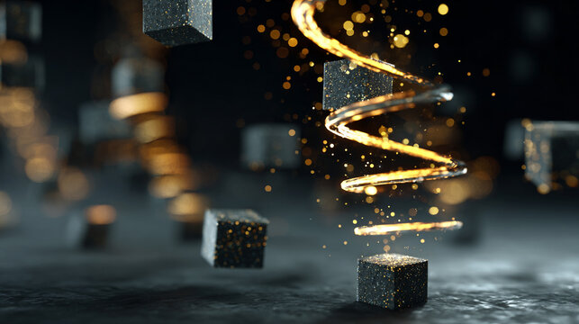 Floating grid blocks casting glowing spiral symbolize digital structure and futuristic design representing abstract technology innovation and the flow of data in a modern virtual space
